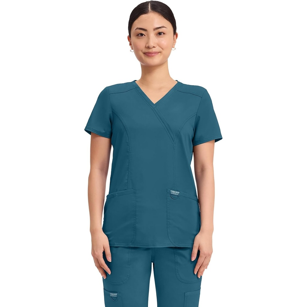 image:imageCherokee WW Revolution Scrub Tops Women Mock Wrap 2 Pockets Nurse ShirtCaribbean Blue