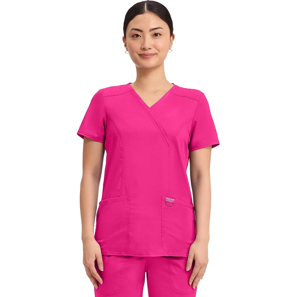 image:imageCherokee WW Revolution Scrub Tops Women Mock Wrap 2 Pockets Nurse ShirtElectric Pink