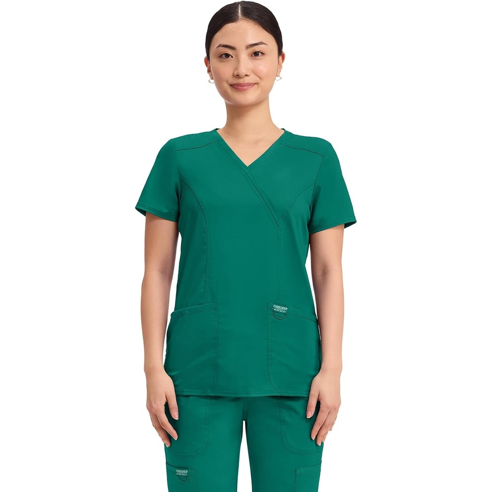 image:imageCherokee WW Revolution Scrub Tops Women Mock Wrap 2 Pockets Nurse ShirtHunter Green