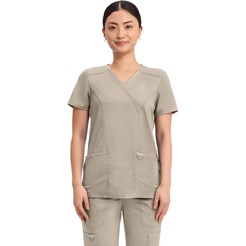 image:imageCherokee WW Revolution Scrub Tops Women Mock Wrap 2 Pockets Nurse ShirtKhaki