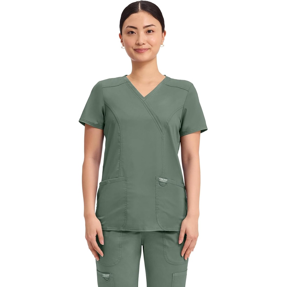 image:imageCherokee WW Revolution Scrub Tops Women Mock Wrap 2 Pockets Nurse ShirtOlive