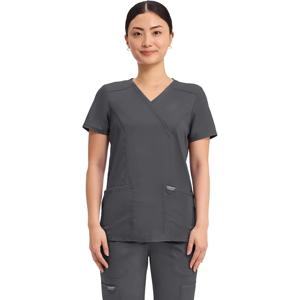 image:imageCherokee WW Revolution Scrub Tops Women Mock Wrap 2 Pockets Nurse ShirtPewter