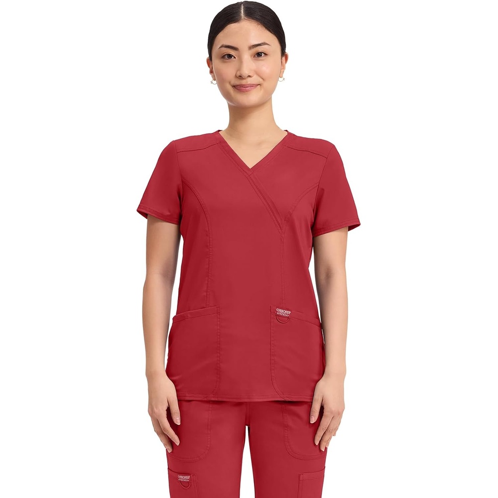 image:imageCherokee WW Revolution Scrub Tops Women Mock Wrap 2 Pockets Nurse ShirtRed