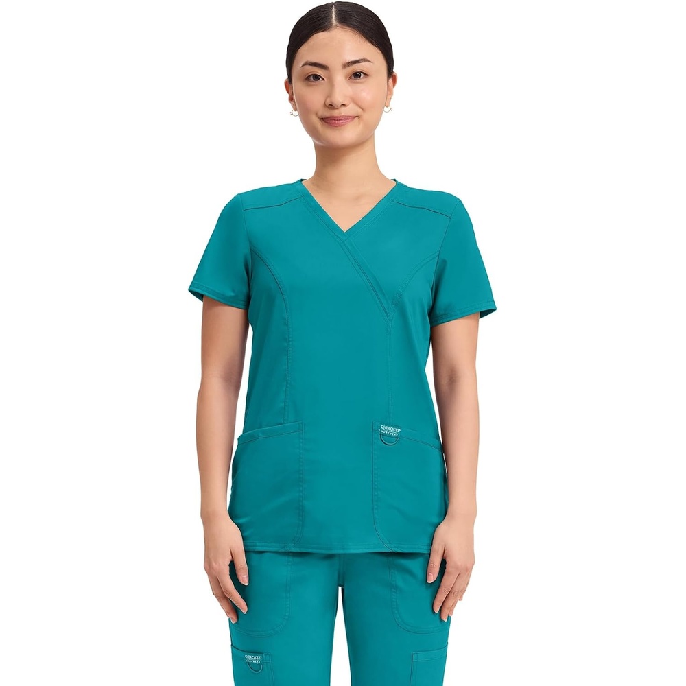 image:imageCherokee WW Revolution Scrub Tops Women Mock Wrap 2 Pockets Nurse ShirtTeal Blue