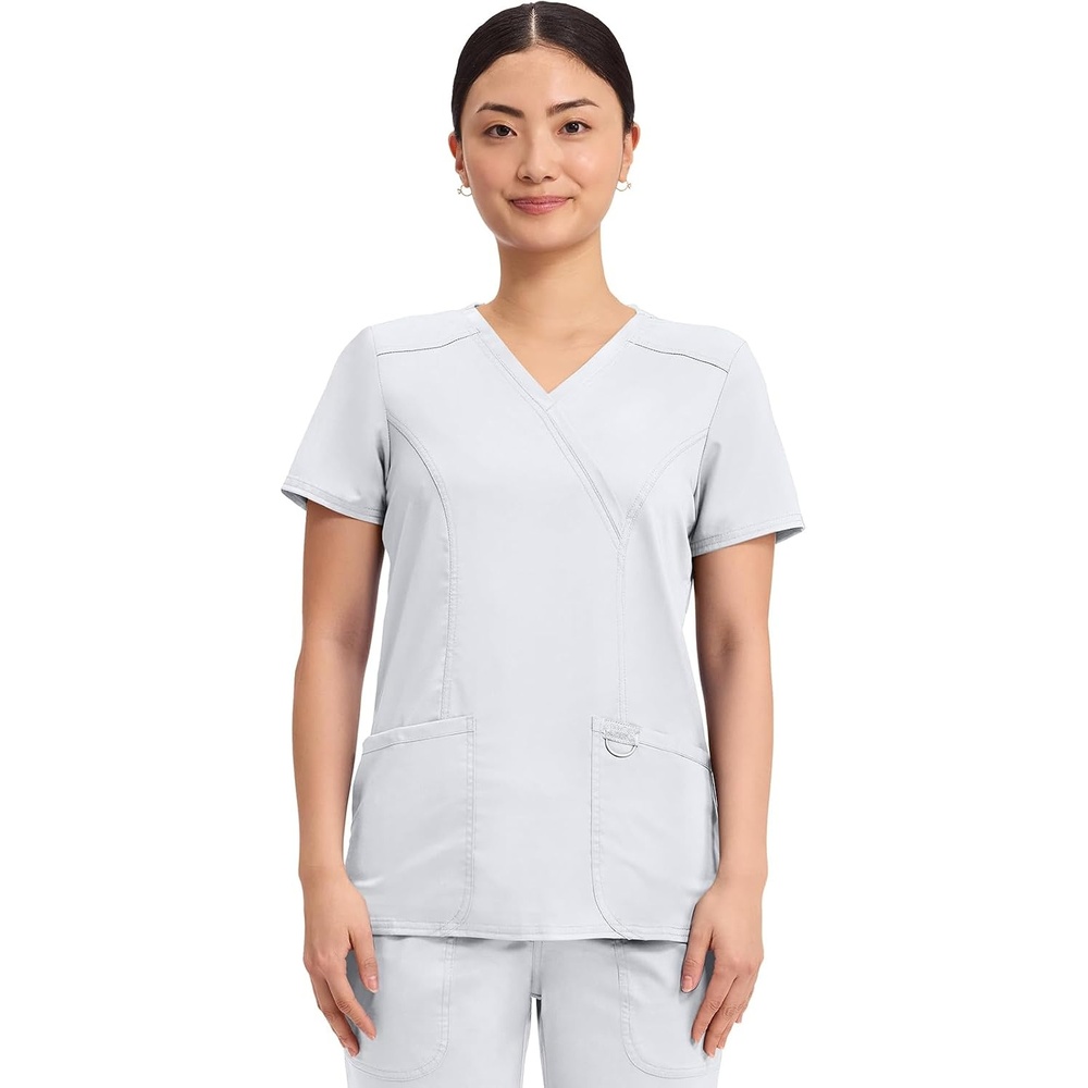 image:imageCherokee WW Revolution Scrub Tops Women Mock Wrap 2 Pockets Nurse ShirtWhite