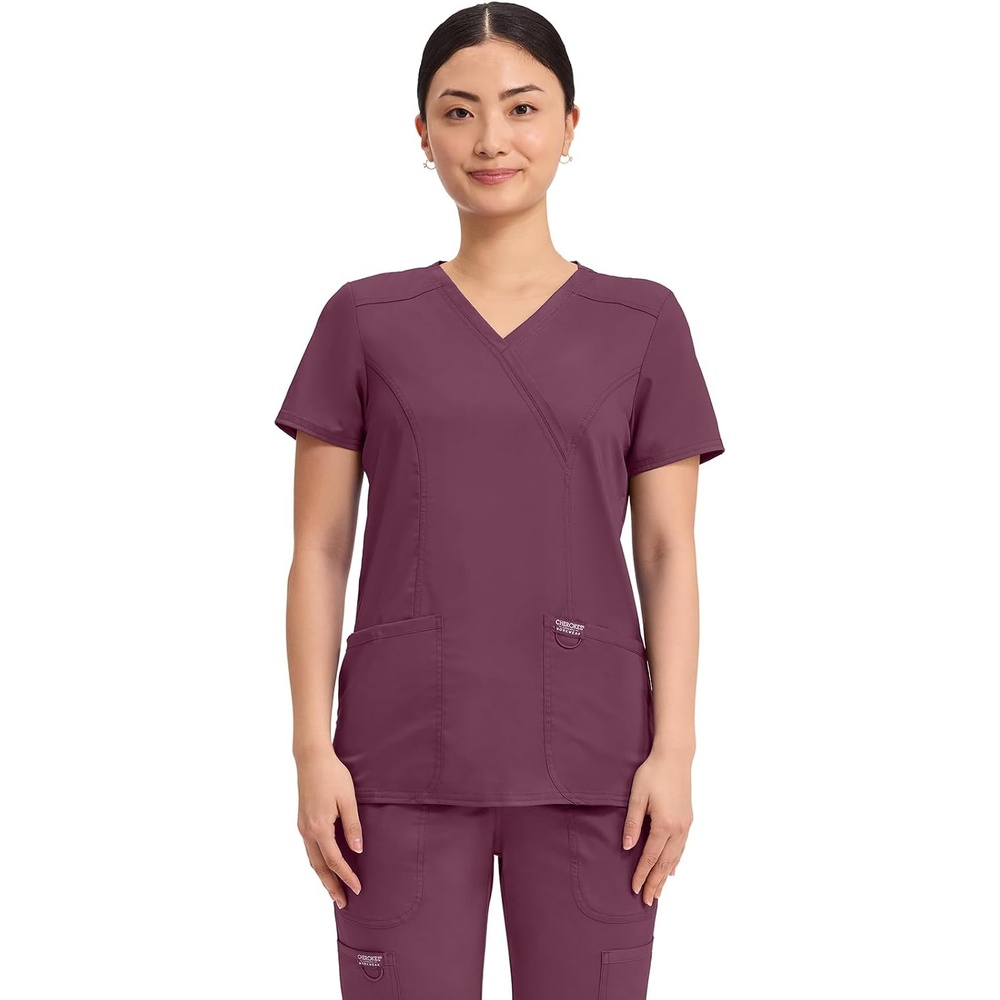 image:imageCherokee WW Revolution Scrub Tops Women Mock Wrap 2 Pockets Nurse ShirtWine