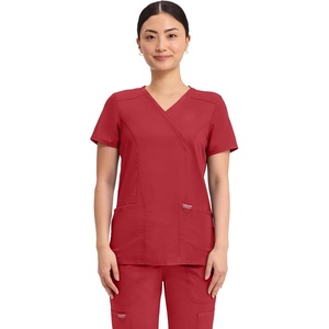Cherokee WW Revolution Scrub Tops Women Mock Wrap 2 Pockets Nurse Shirt(Red)