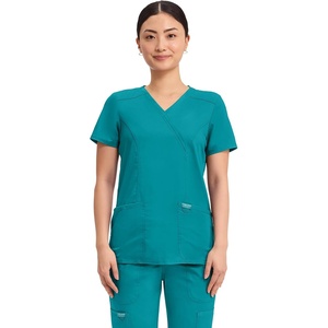 Cherokee WW Revolution Scrub Tops Women Mock Wrap 2 Pockets Nurse Shirt(Teal Blue)