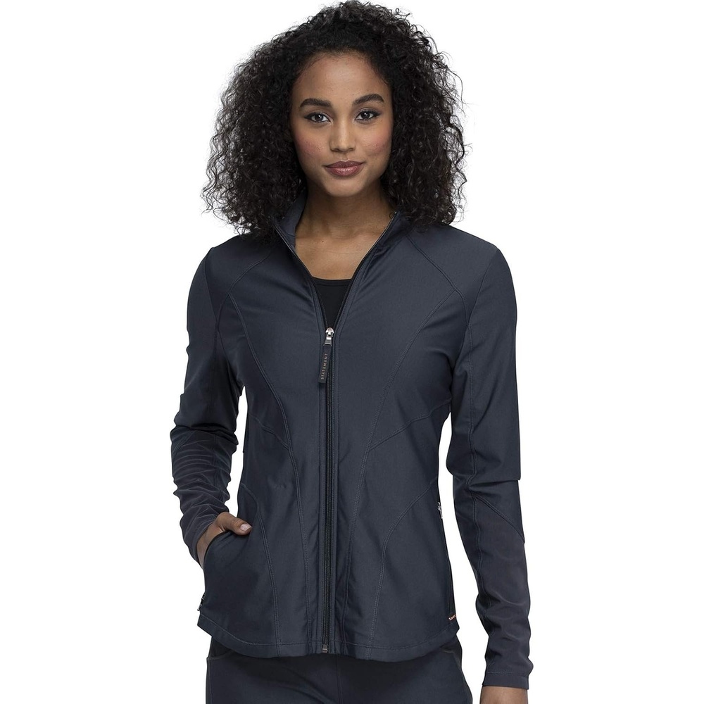 image:imageCherokee Form Warm Up Scrub Jacket for Women Zip Front Mock NeckPewter