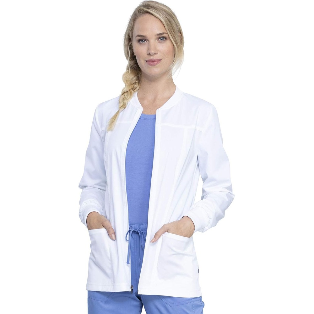 image:imageCherokee Rev Tech Warm Up Scrub Jacket for Women Zip Front 4 PocketsWhite