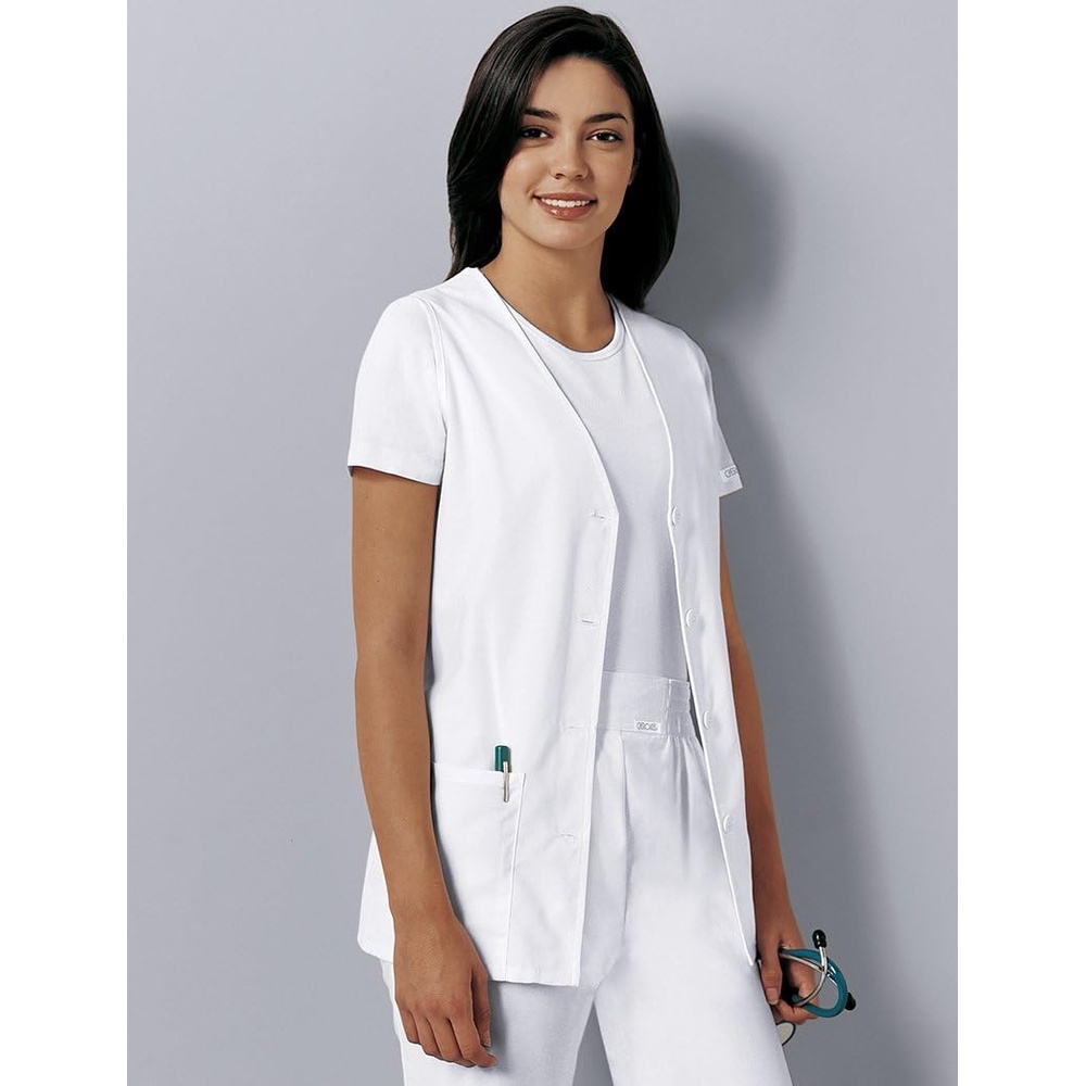 image:imageCherokee Womens Scrub Vest Coat Modern Vest with Button Front amp 2 Pockets 1602White