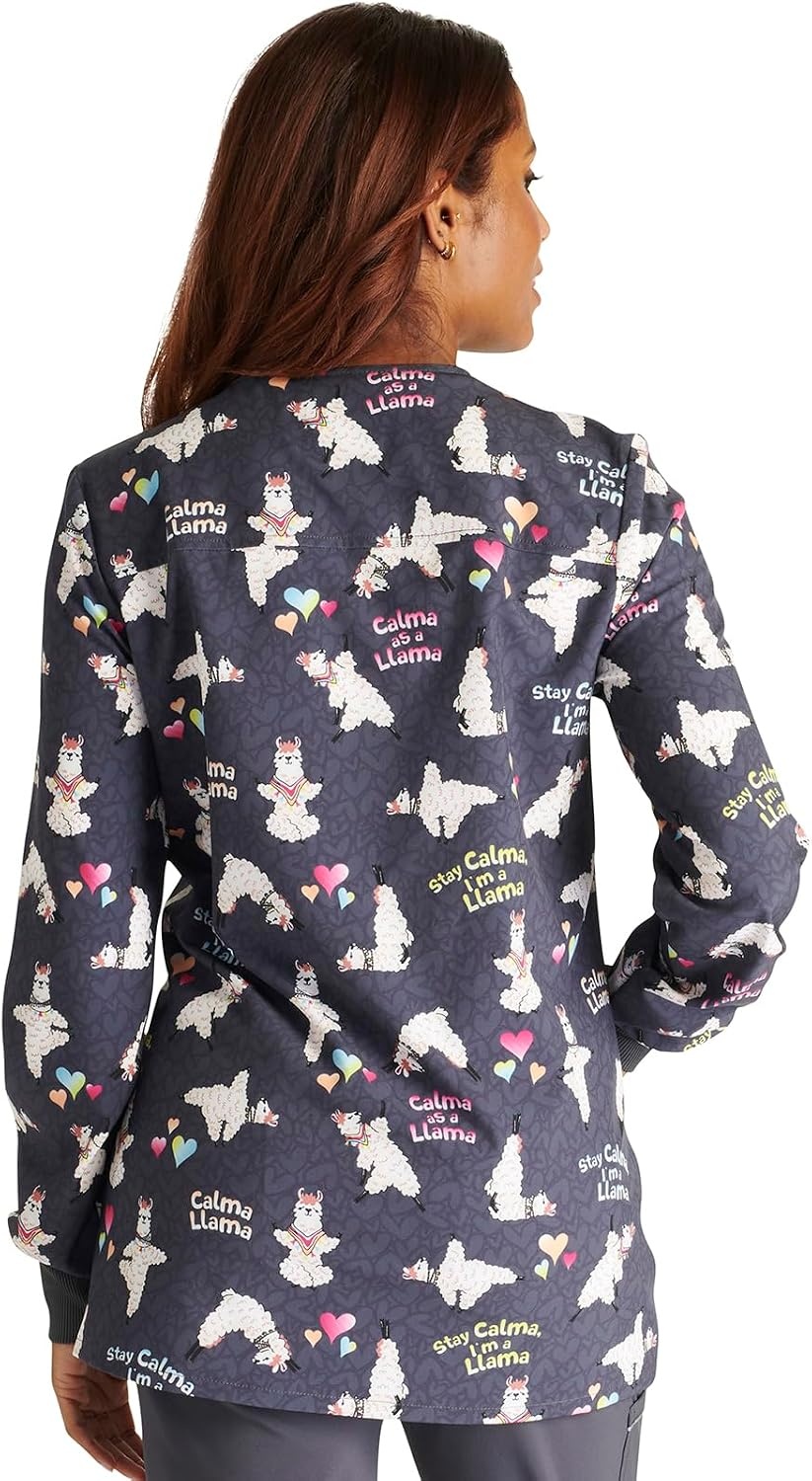 image:imageCherokee Printed Snap Front Womens Scrub Jacket with 2 PocketsCalma Llama