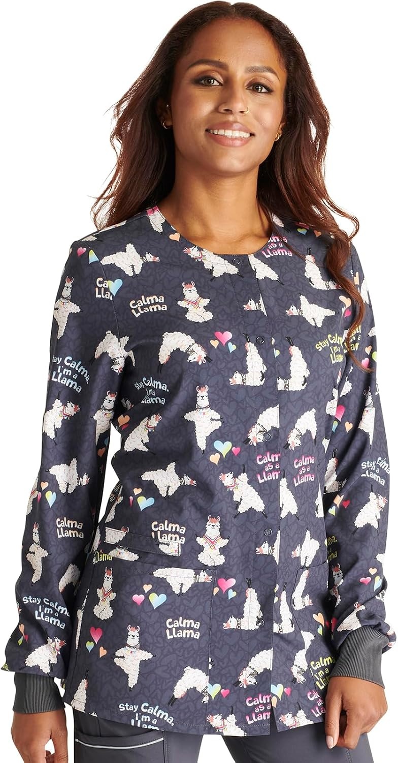 image:imageCherokee Printed Snap Front Womens Scrub Jacket with 2 PocketsCalma Llama