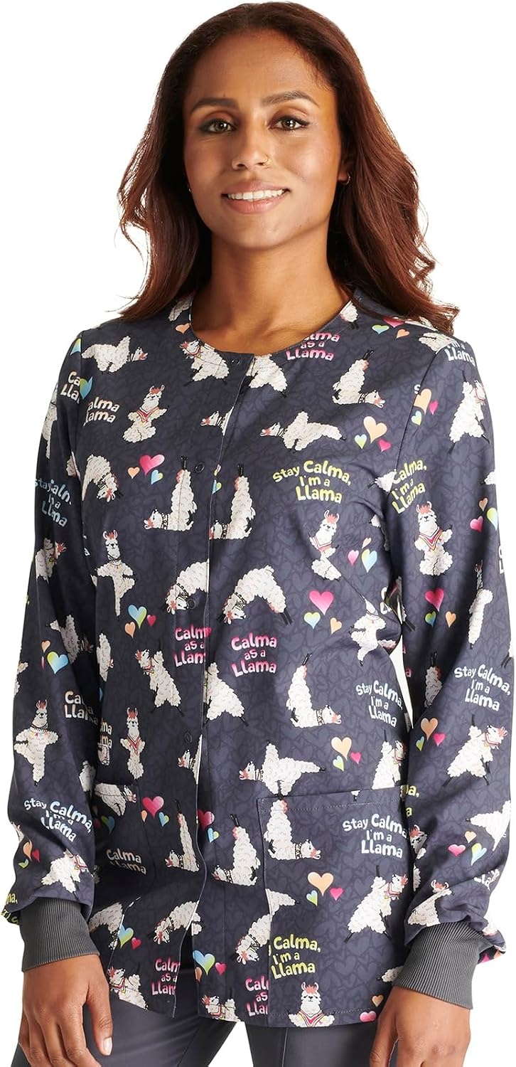 image:imageCherokee Printed Snap Front Womens Scrub Jacket with 2 PocketsCalma Llama