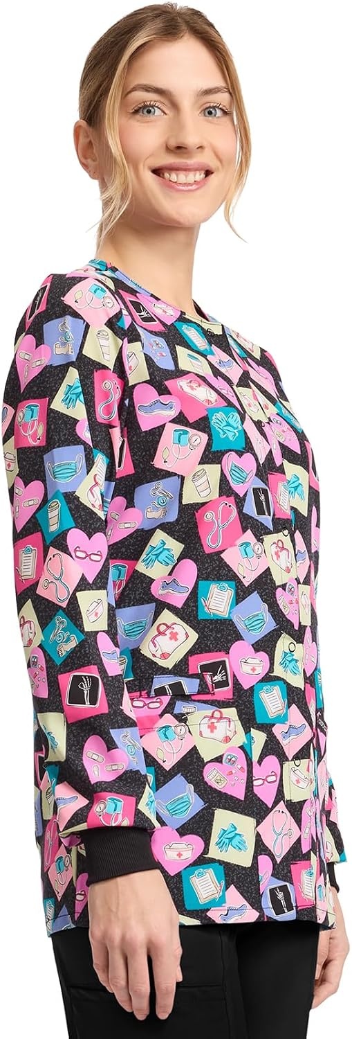image:imageCherokee Printed Snap Front Womens Scrub Jacket with 2 PocketsHealthabet