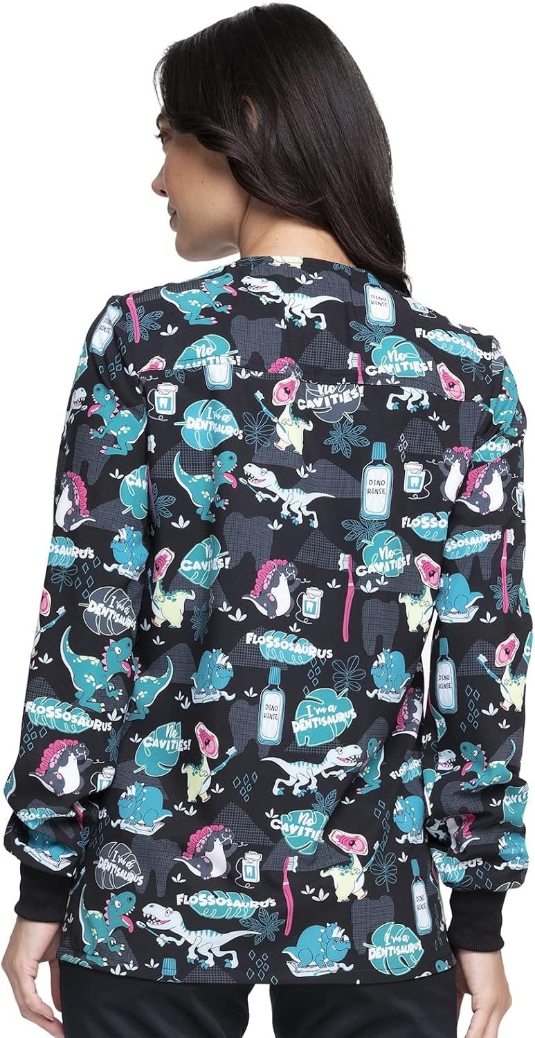 image:imageCherokee Printed Snap Front Womens Scrub Jacket with 2 PocketsIm a Dentisaurus