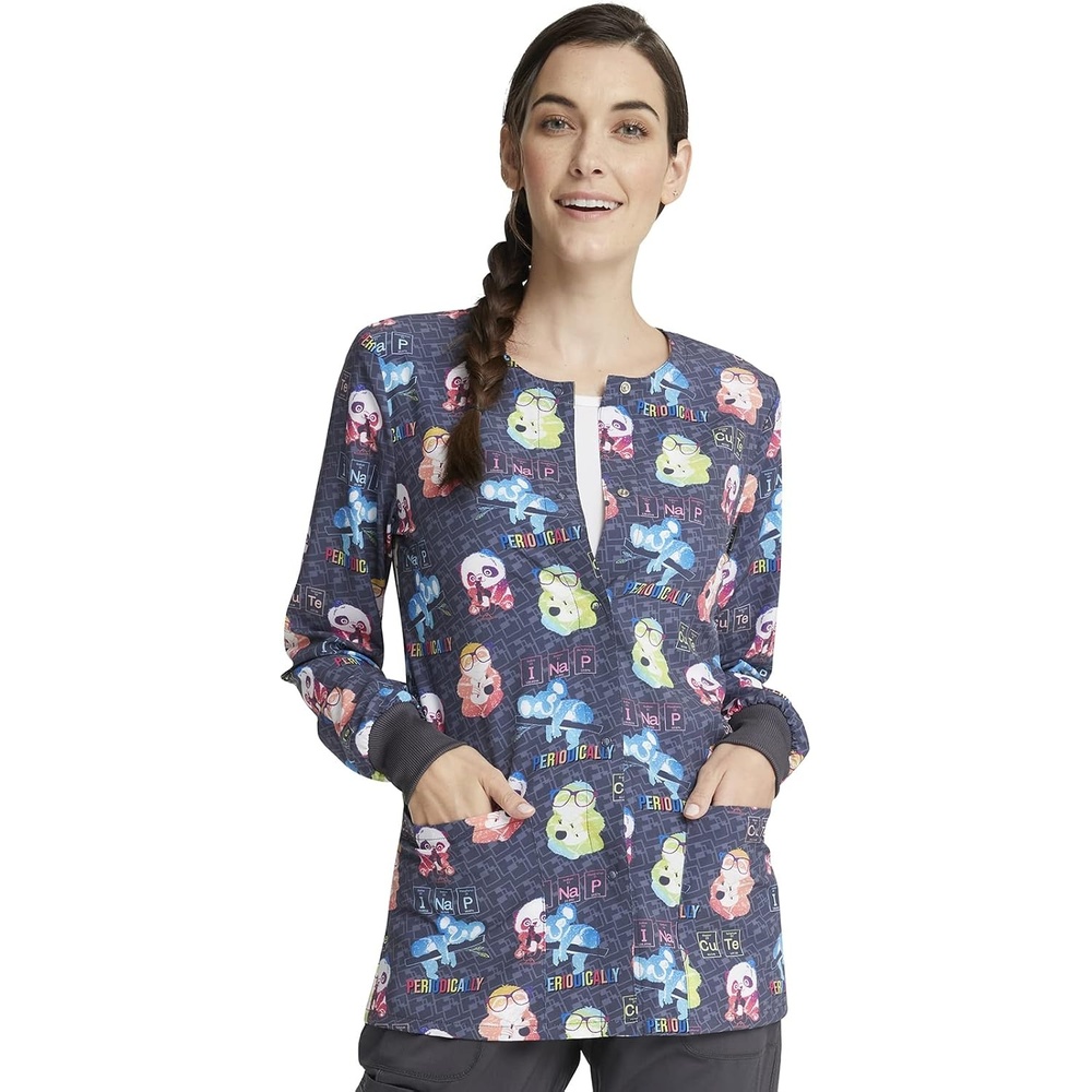 image:imageCherokee Printed Snap Front Womens Scrub Jacket with 2 PocketsScience Friends