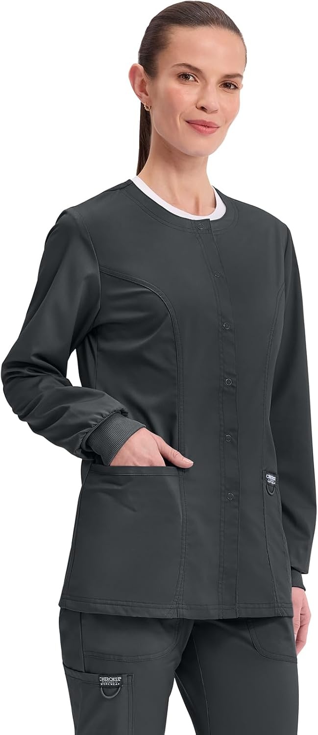 image:imageCherokee WW Revolution Scrub Jackets for Woman Snap Front Nurse JacketBlack