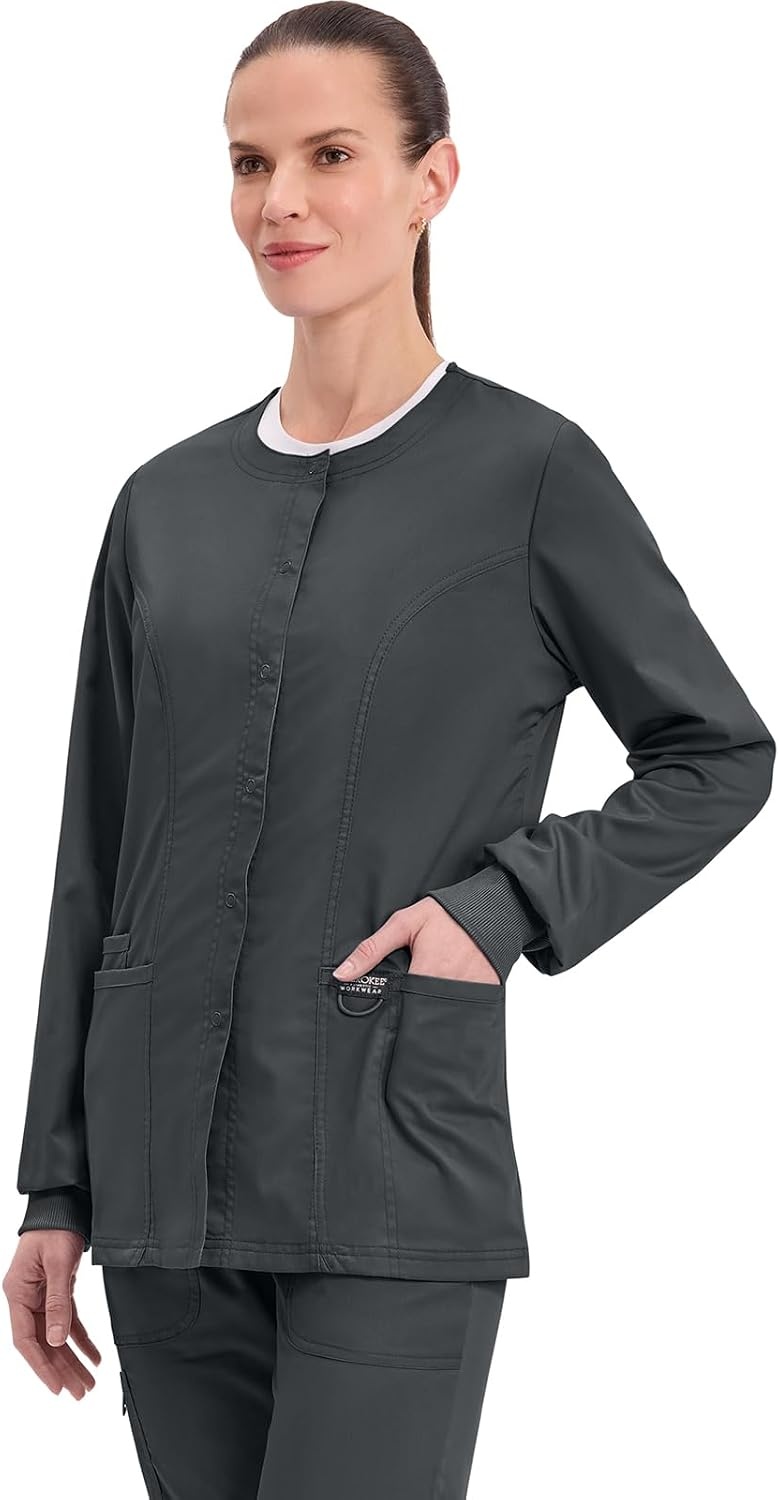 image:imageCherokee WW Revolution Scrub Jackets for Woman Snap Front Nurse JacketBlack