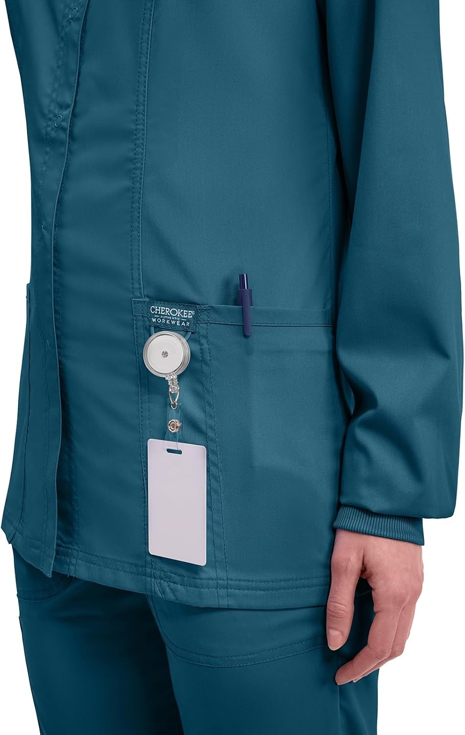 image:imageCherokee WW Revolution Scrub Jackets for Woman Snap Front Nurse JacketCaribbean Blue