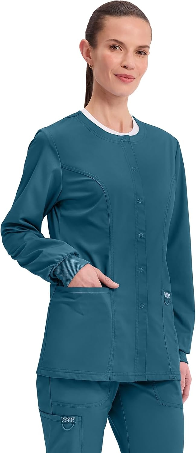 image:imageCherokee WW Revolution Scrub Jackets for Woman Snap Front Nurse JacketCaribbean Blue