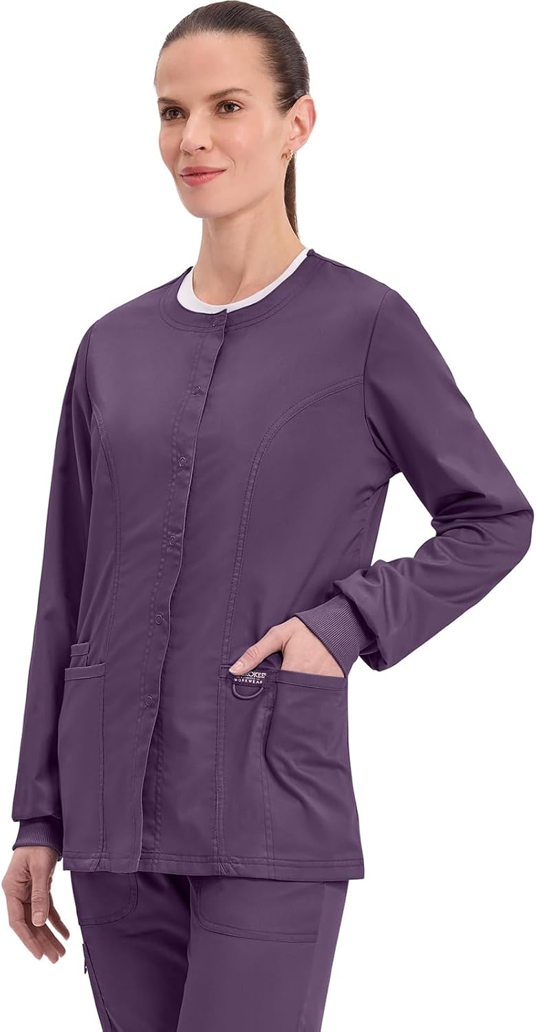 image:imageCherokee WW Revolution Scrub Jackets for Woman Snap Front Nurse JacketEggplant