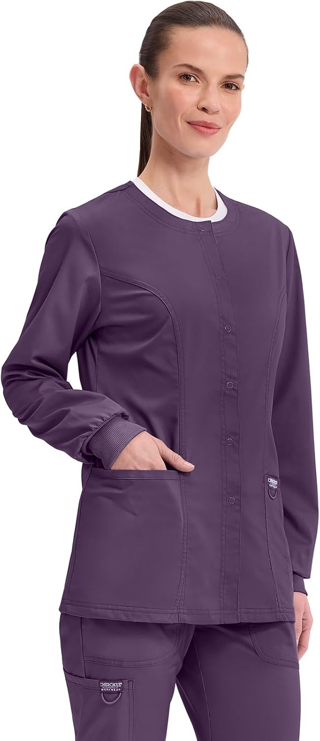 image:imageCherokee WW Revolution Scrub Jackets for Woman Snap Front Nurse JacketEggplant