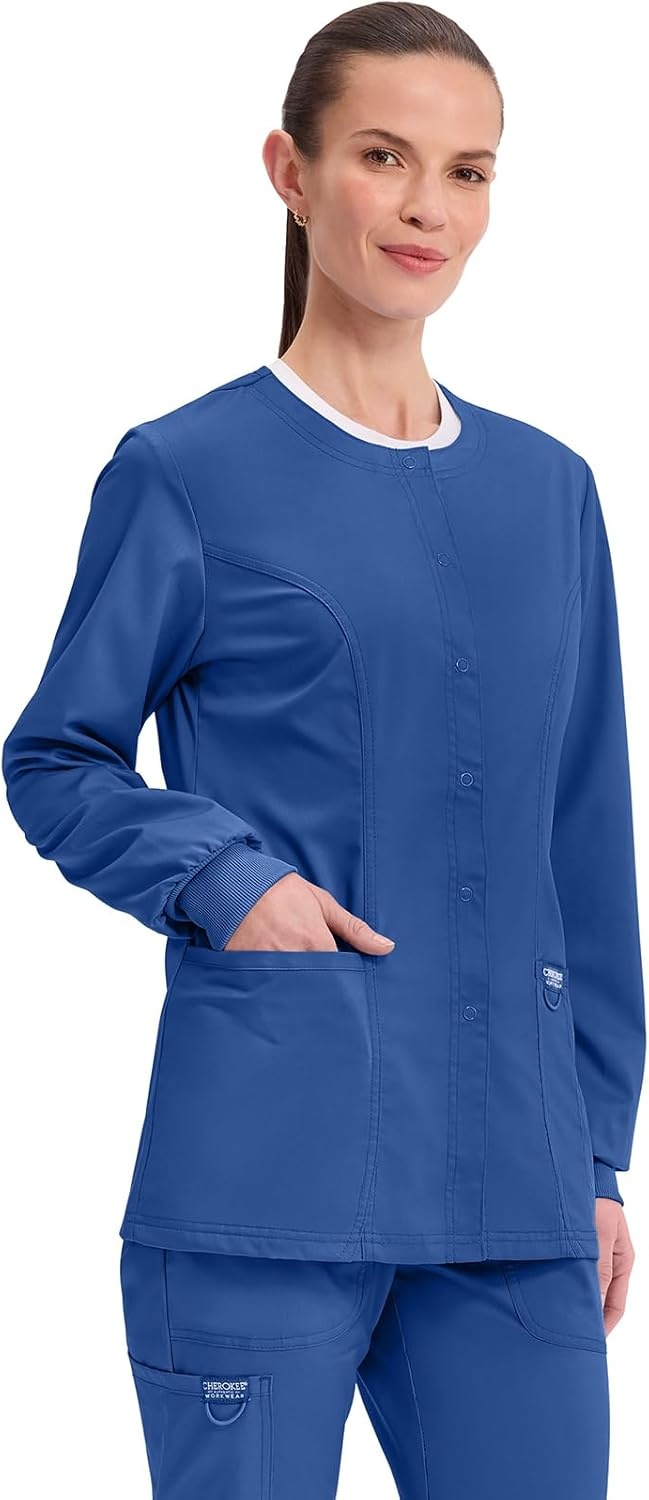 image:imageCherokee WW Revolution Scrub Jackets for Woman Snap Front Nurse JacketGalaxy Blue