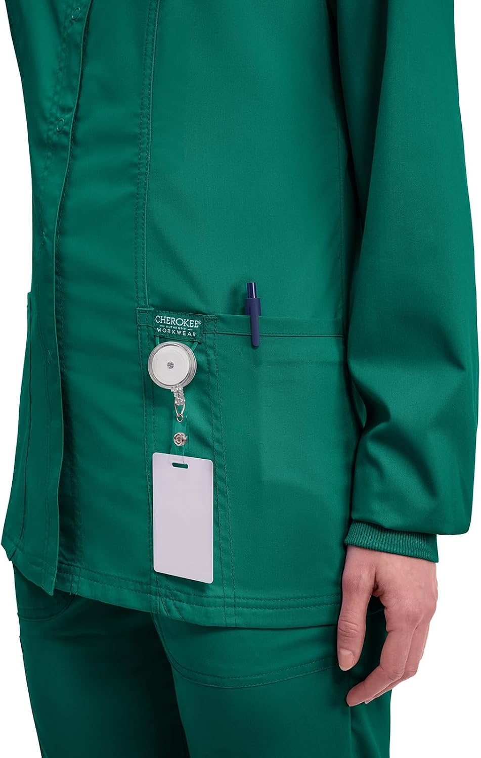 image:imageCherokee WW Revolution Scrub Jackets for Woman Snap Front Nurse JacketHunter Green