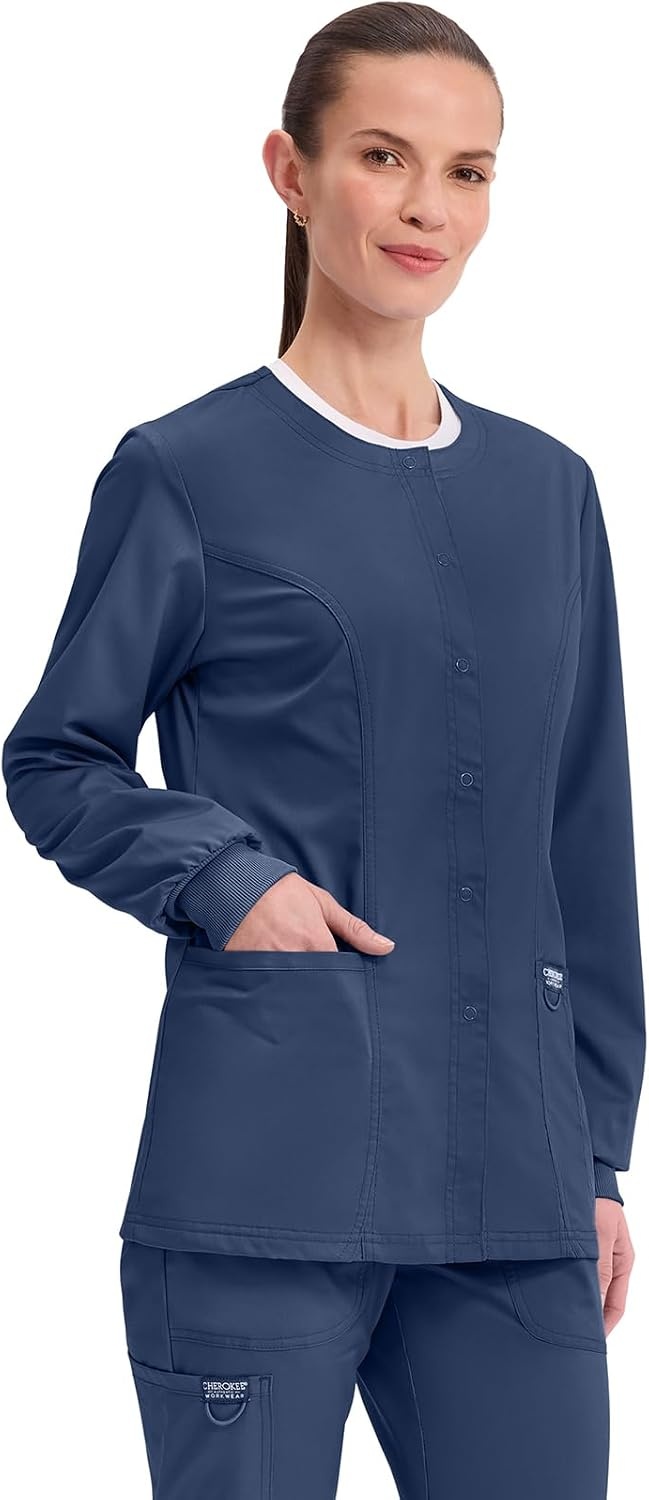 image:imageCherokee WW Revolution Scrub Jackets for Woman Snap Front Nurse JacketNavy