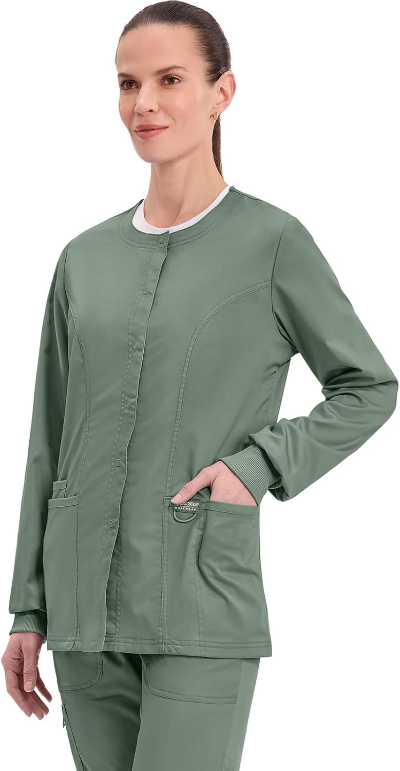 image:imageCherokee WW Revolution Scrub Jackets for Woman Snap Front Nurse JacketOlive