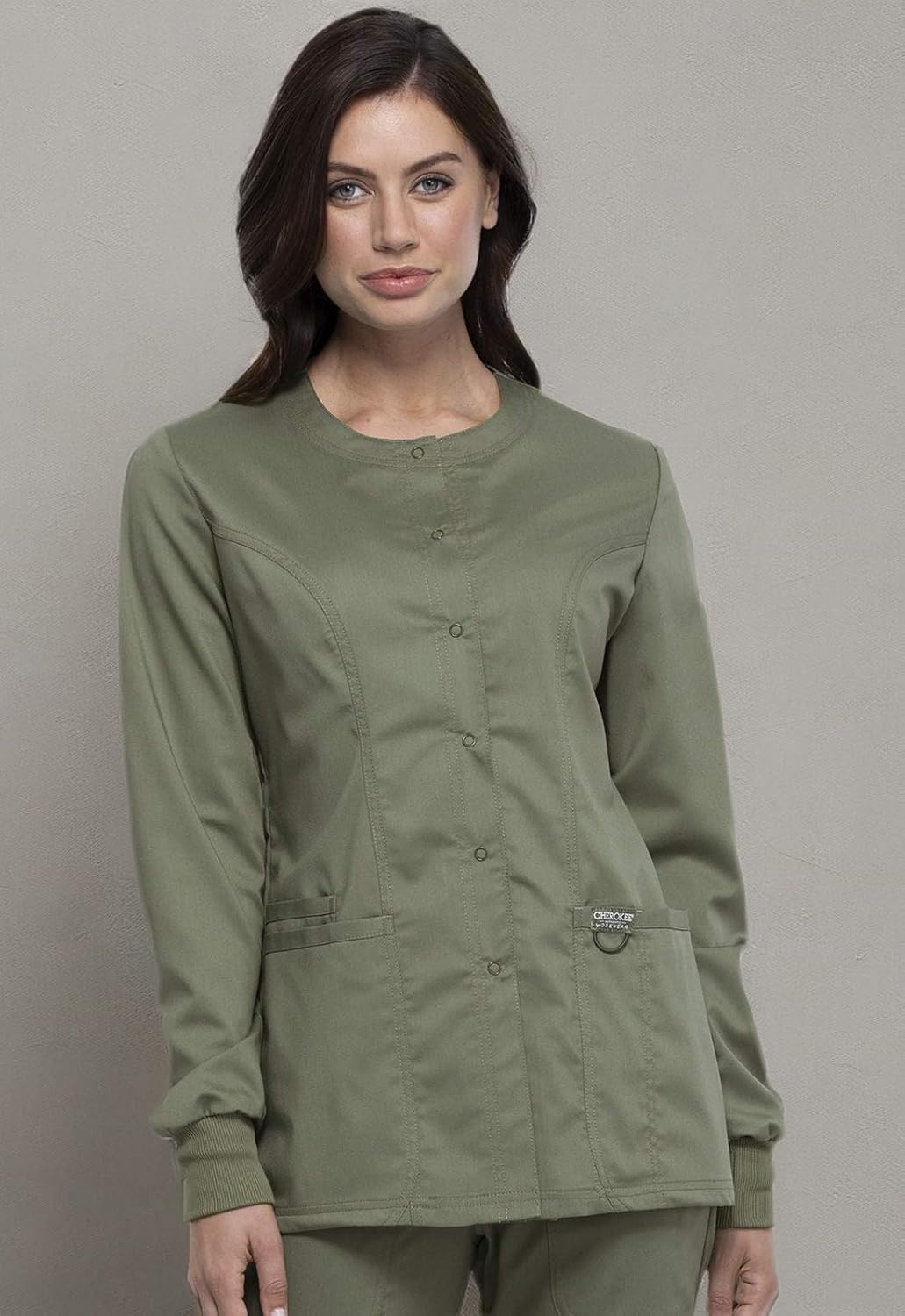 image:imageCherokee WW Revolution Scrub Jackets for Woman Snap Front Nurse JacketOlive