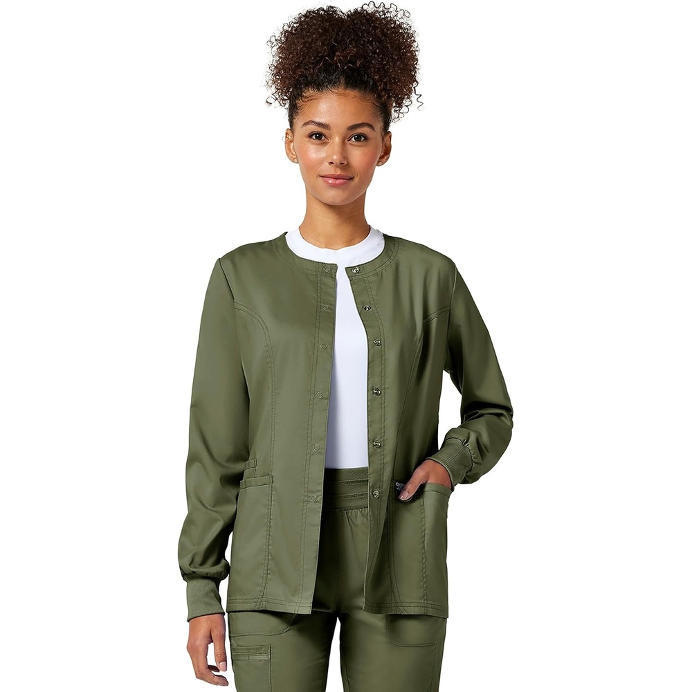 image:imageCherokee WW Revolution Scrub Jackets for Woman Snap Front Nurse JacketOlive