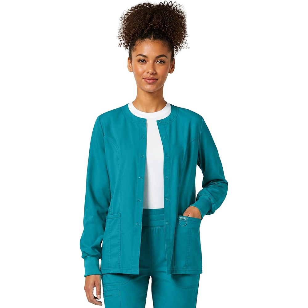 image:imageCherokee WW Revolution Scrub Jackets for Woman Snap Front Nurse JacketTeal Blue