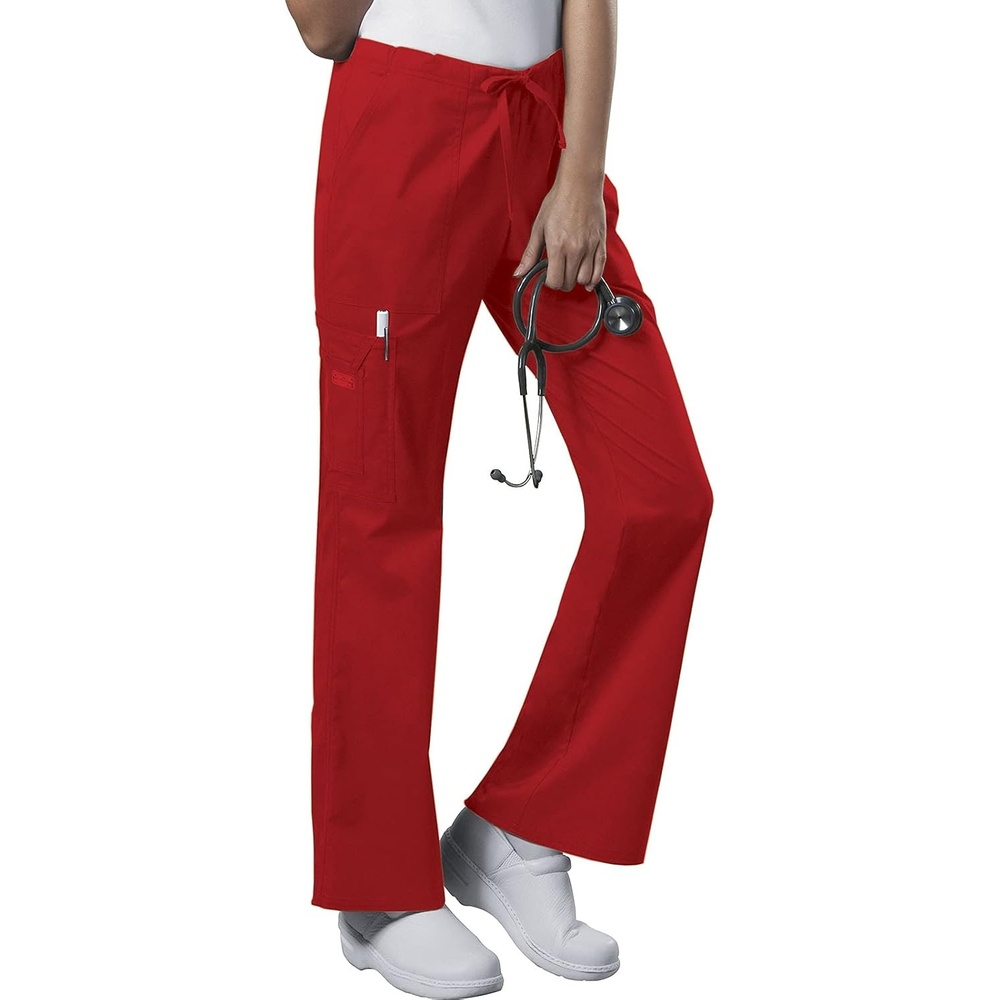 image:imageCherokee Scrub Pants for Women Mid Rise Flare Leg Drawstring Cargo Medical Uniform 4 Pocket Durable Easy Care Stretch 4044Red