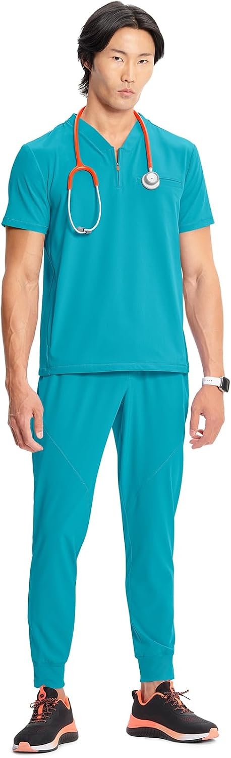 image:imageCherokee Infinity Mens Scrubs Top V Neck Partial Zip with 2 PocketsAquaturque