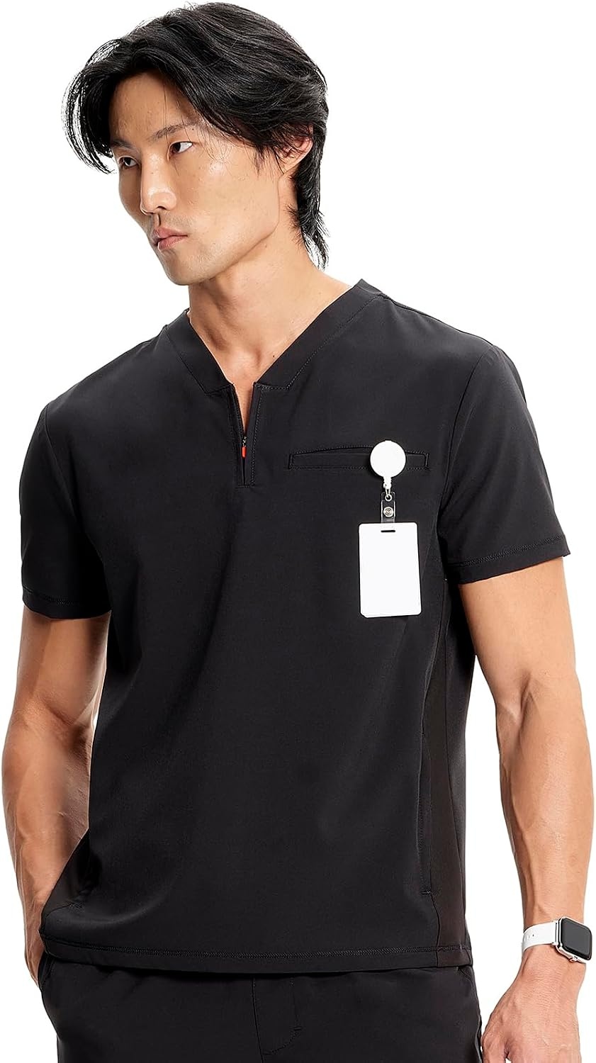 image:imageCherokee Infinity Mens Scrubs Top V Neck Partial Zip with 2 PocketsBlack