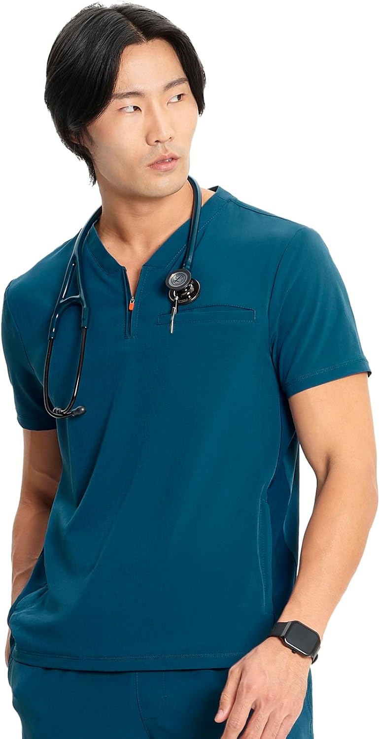 image:imageCherokee Infinity Mens Scrubs Top V Neck Partial Zip with 2 PocketsCaribbean Blue