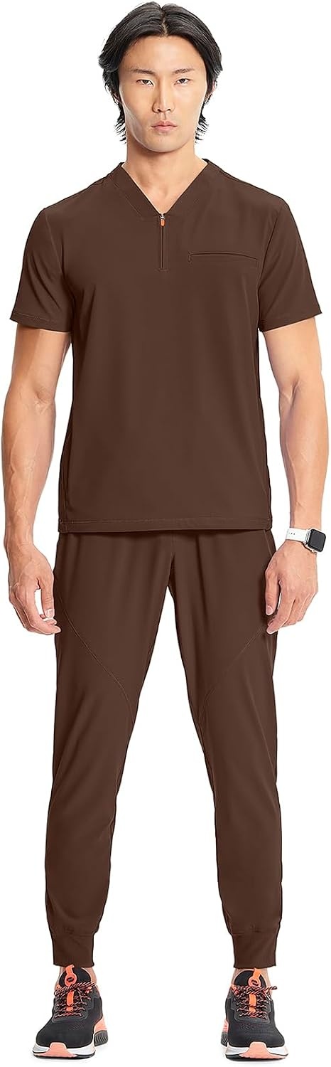 image:imageCherokee Infinity Mens Scrubs Top V Neck Partial Zip with 2 PocketsEspresso Express