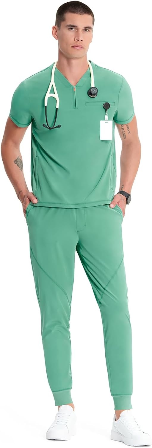 image:imageCherokee Infinity Mens Scrubs Top V Neck Partial Zip with 2 PocketsMatcha Latte