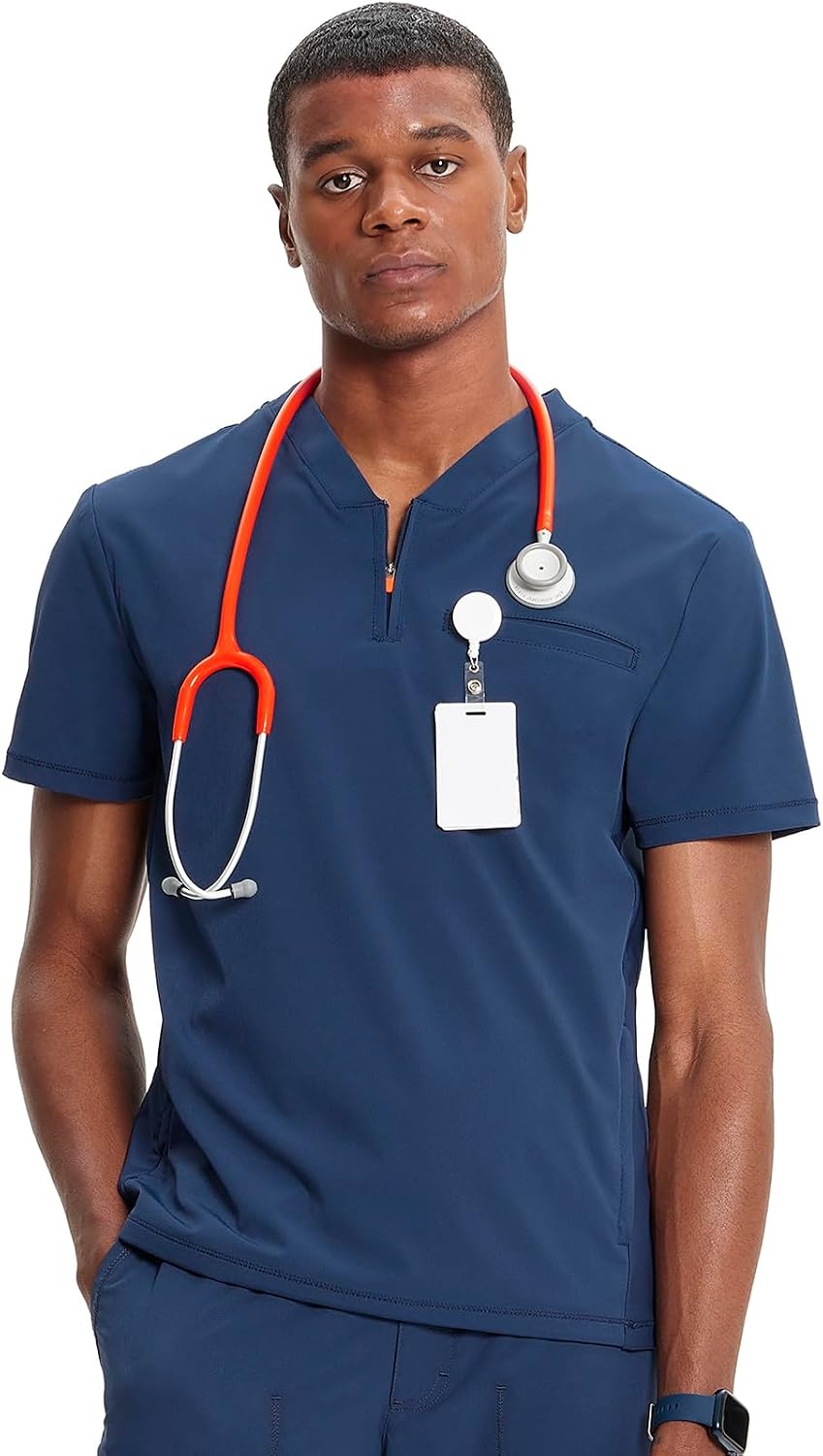 image:imageCherokee Infinity Mens Scrubs Top V Neck Partial Zip with 2 PocketsNavy