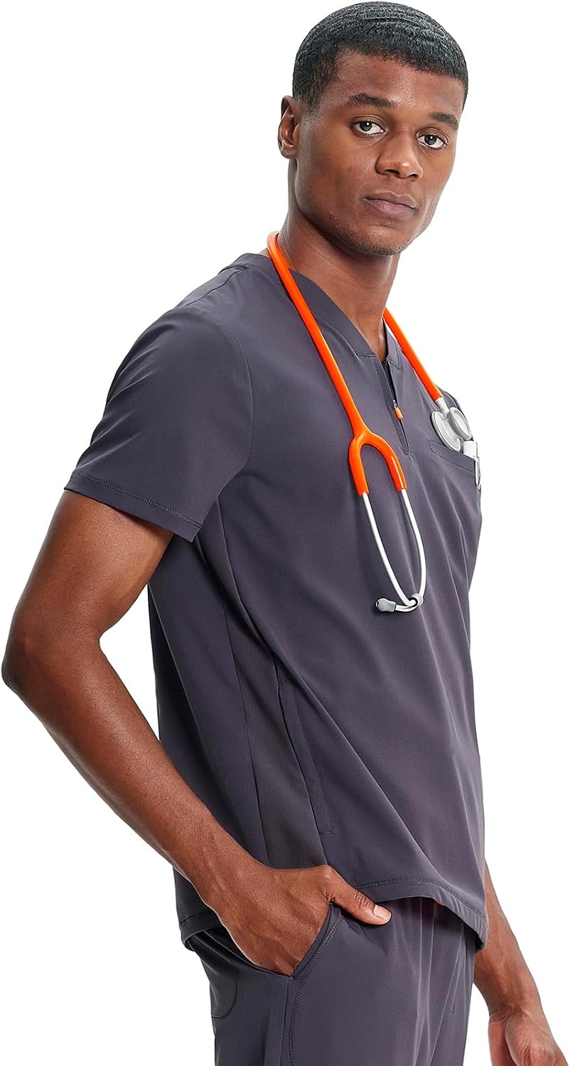 image:imageCherokee Infinity Mens Scrubs Top V Neck Partial Zip with 2 PocketsPewter