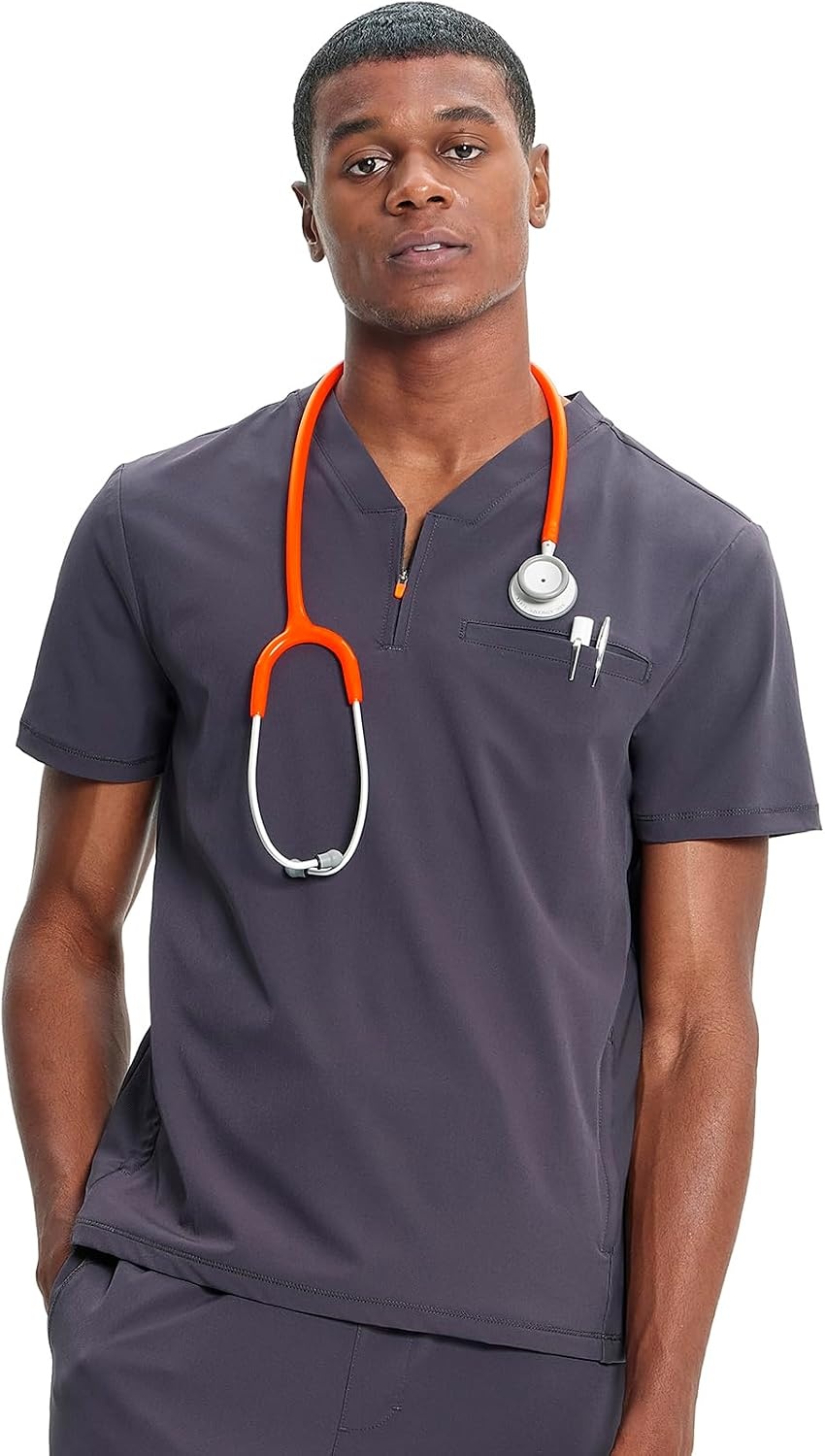 image:imageCherokee Infinity Mens Scrubs Top V Neck Partial Zip with 2 PocketsPewter