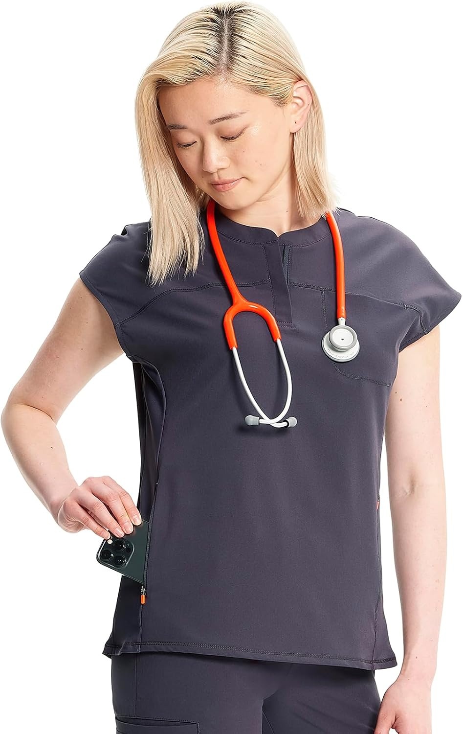 image:imageCherokee Infinity Womens Scrub Top Round Neck 3 Zip PocketsPewter