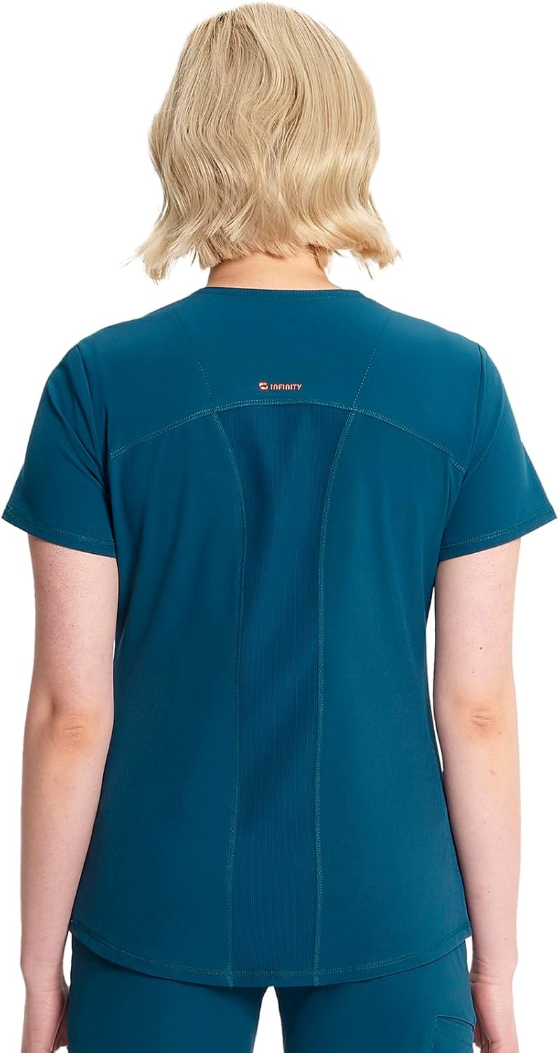 image:imageInfinity by Cherokee Womens VNeck Scrub Top with Kangaroo Pocket HighLow Hem IN620ACaribbean Blue