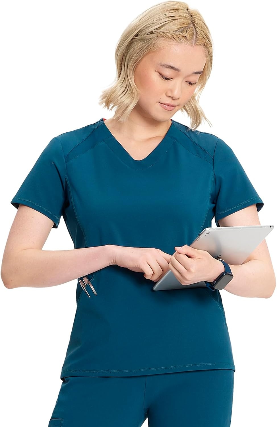 image:imageInfinity by Cherokee Womens VNeck Scrub Top with Kangaroo Pocket HighLow Hem IN620ACaribbean Blue
