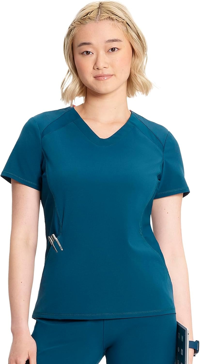 image:imageInfinity by Cherokee Womens VNeck Scrub Top with Kangaroo Pocket HighLow Hem IN620ACaribbean Blue