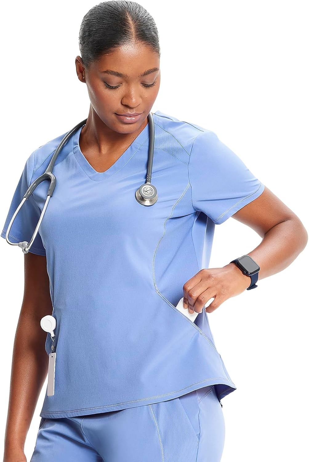 image:imageInfinity by Cherokee Womens VNeck Scrub Top with Kangaroo Pocket HighLow Hem IN620ACiel