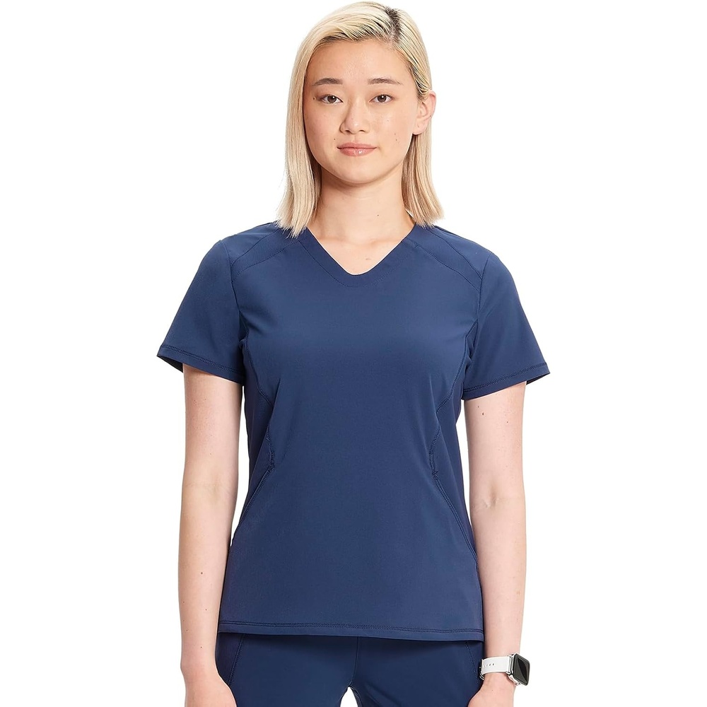image:imageInfinity by Cherokee Womens VNeck Scrub Top with Kangaroo Pocket HighLow Hem IN620ANavy